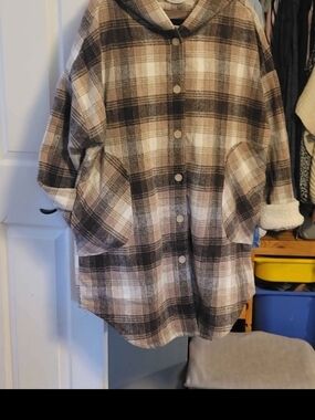 Lucky Brand Brown, Light Pink & Cream Plaid Sherpa-Lined Shacket